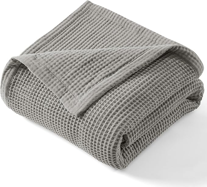 PHF 100% Cotton Waffle & Muslin Blanket Queen Size, Soft Breathable Luxury 400GSM Versatile Reversible Bedding for Bed, Great for Layering in Cold Weather, Home Decor Gift, 90" x 90", Frosted Grey