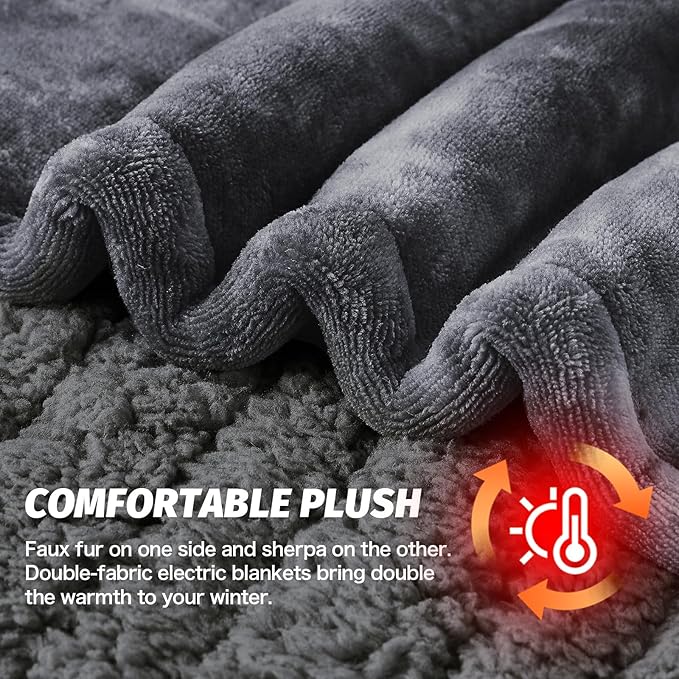 greenoak Heated Electric Blanket Throw, Faux Fur Sherpa Heating Blanket for Sofa Bed, Warm Winter Gift for Dad/Grandma, Heater Lap Blankets 5-Position Timer &10 Heating Levels 50''*60" Marble Grey