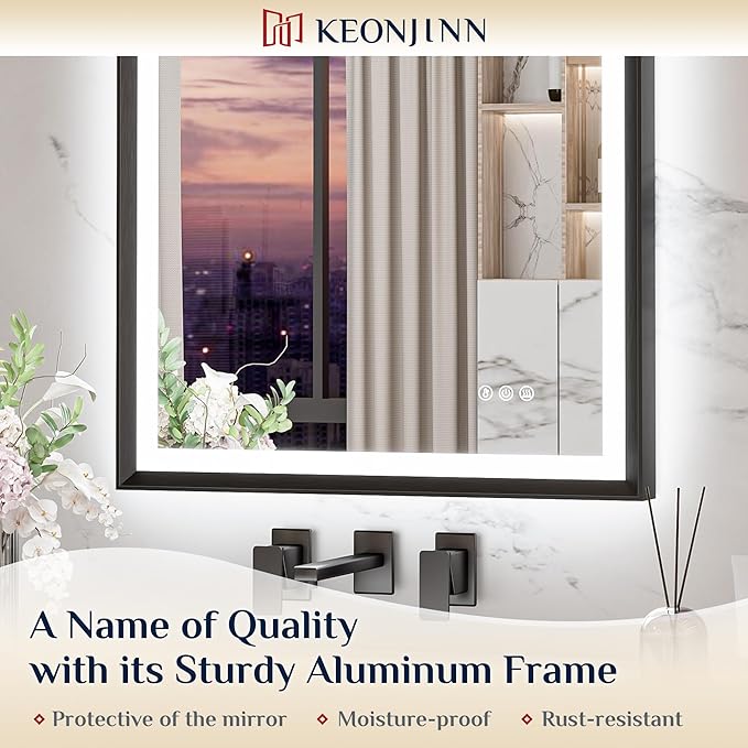 Keonjinn 72 x 36 Inch Bathroom Mirror with Frontlit & Backlit, Black Metal Framed Beveled Edge Mirror, Large LED Mirror with Anti Fog for Wall, Stepless 3-Color Temperatures, UL-Listed Driver