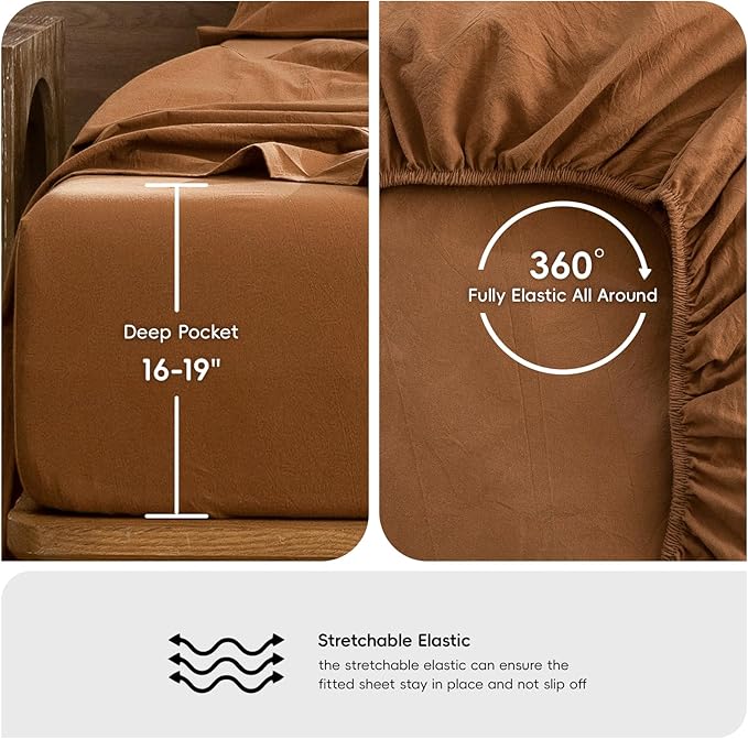 MooMee Bedding Sheet Set 100% Washed Cotton Linen Like Textured Breathable Durable Soft Comfy (Solid Dark Orange, Queen)