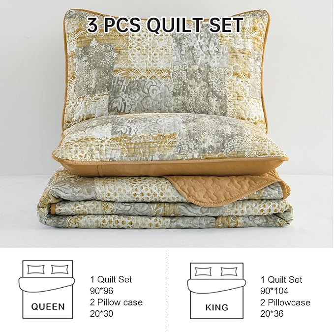 Mybedsoul Yellow Boho Quilt Set King Size 3 Pieces Grey and Yellow Plaid Floral Bedding Set Microfiber Lightweight Bohemian Patchwork Bedspread Coverlet Set for All Season 90"x104"