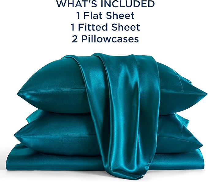 Bedsure Satin Sheets Queen Size - 4 Piece Silky Bedsheets with 15 Inches Deep Pocket Fitted Bedsheet,1 Flat Sheet, 2 Satin Pillowcases, Good for Hair & Skin (Queen, Teal)