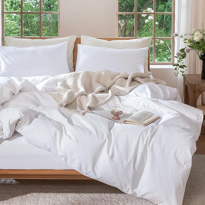 MooMee Bedding Duvet Cover Set 100% Washed Cotton Linen Like Textured Breathable Durable Soft Comfy (Solid Bright White, Queen 90"x90")