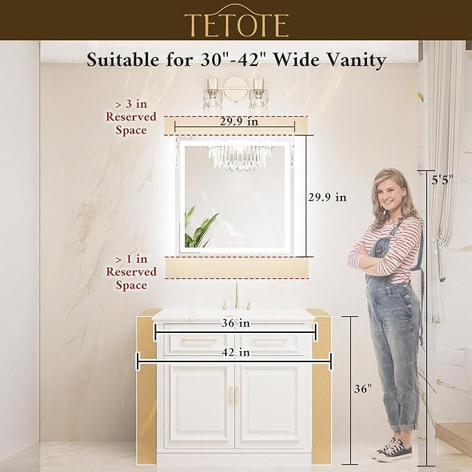 TETOTE Led Lighted Bathroom Mirror with Beveled Edge, 30 x 30 Inch Frontlit & Backlit Bathroom Vanity Anti-Fog Mirror with Extra-Bright Lights, 3-Color Dimmable, Tempered Glass, Waterproof