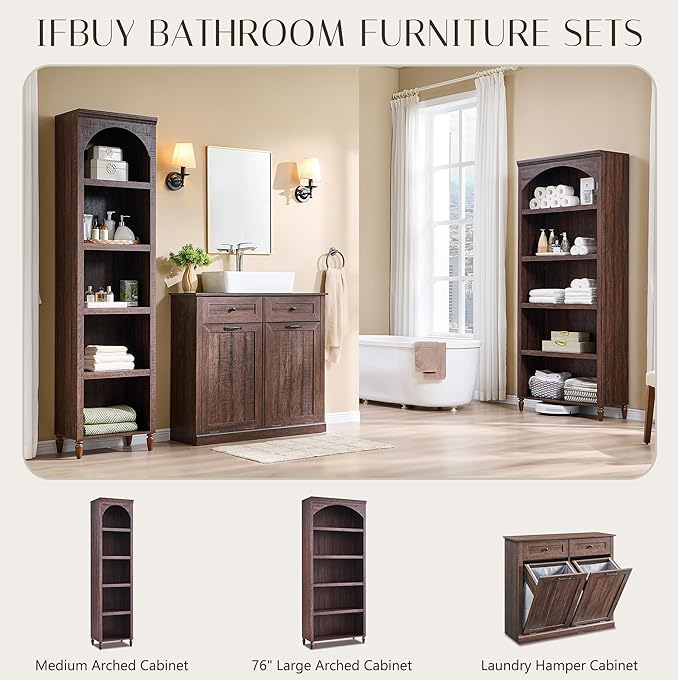 76" Tall Arched Bathroom Storage Cabinet, 5 Tiers Narrow Farmhouse Arched Cabinet w/Adjustable Shelves, Modern Wooden Storage Cabinet for Bathroom, Living Room, Entryway, Study Room (Brown)