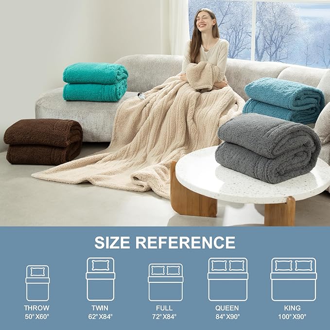King Size Electric Blanket Single Control - 100"X90" Soft Double Sided Sherpa Heated Blanket with 6 Heating Levels & 10 hrs Timer Settings, Washable & Overheat Protection, Blue
