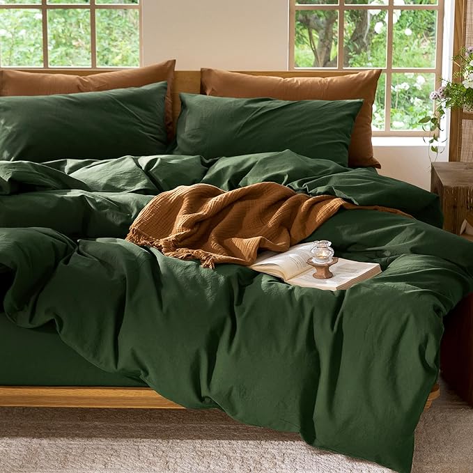MooMee Bedding Duvet Cover Set 100% Washed Cotton Linen Like Textured Breathable Durable Soft Comfy (Solid Forest Green, Queen 90"x90")