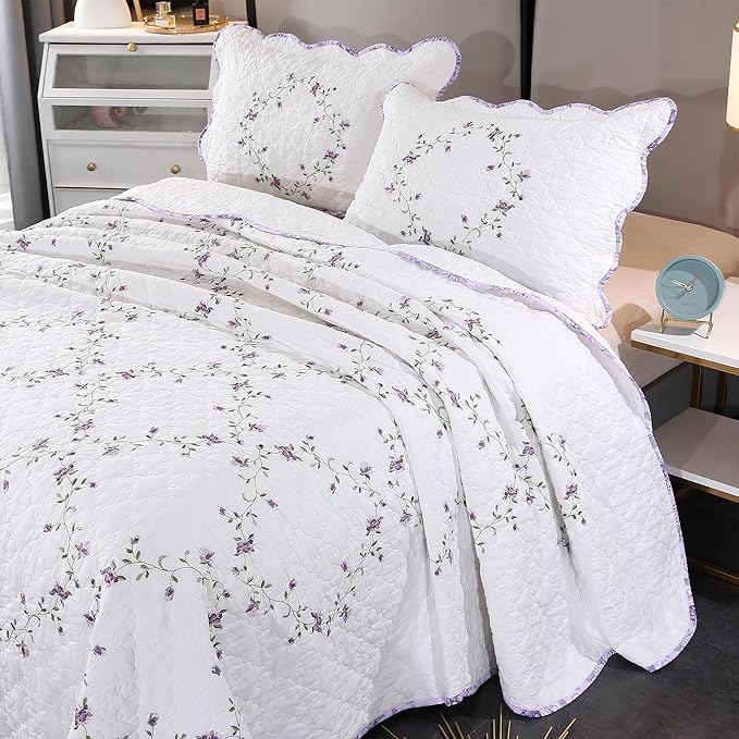 Quilt Set Purple Floral 3D Embroidery Pattern 3 PCS 100% Cotton Reversible Quilted Embroidered Decorative Bedspreads Coverlet Set, Lightweight &Soft King Size White Bedding Coverlet for All Season