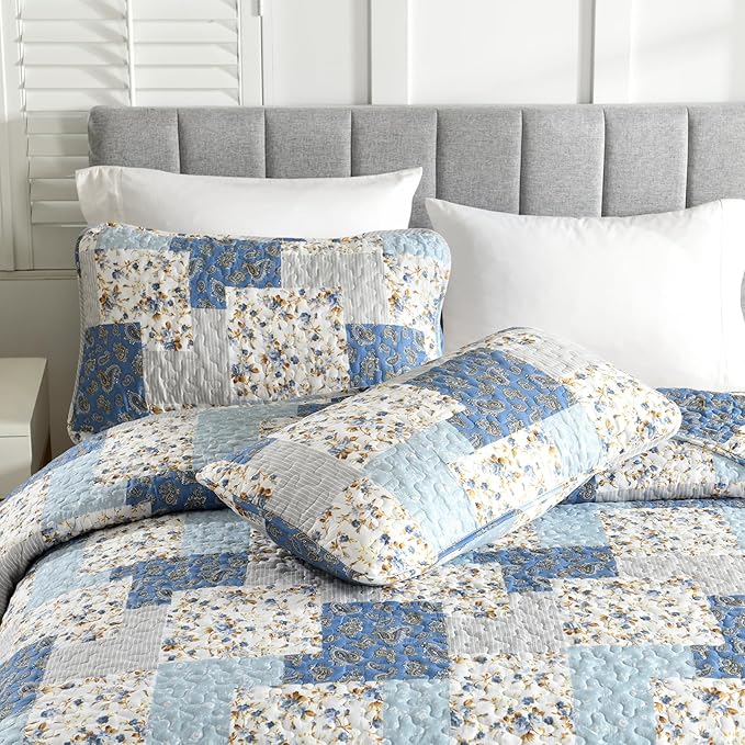 Mybedsoul Light Blue Quilt Set King Size, 3 Pieces Boho Plaid Floral Bedspread Set Microfiber Lightweight Bohemian Bedding Bedspread Coverlet Set for All Season 90"x104"