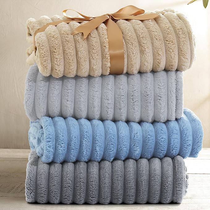 decorUhome Christmas Soft Fleece Grey Blanket Queen Size for Bed, Cozy Fluffy Plush Flannel Large Striped Throws for Couch Sofa, Lightweight Decorative Fuzzy Blanket for Woman, 90x90 Inches