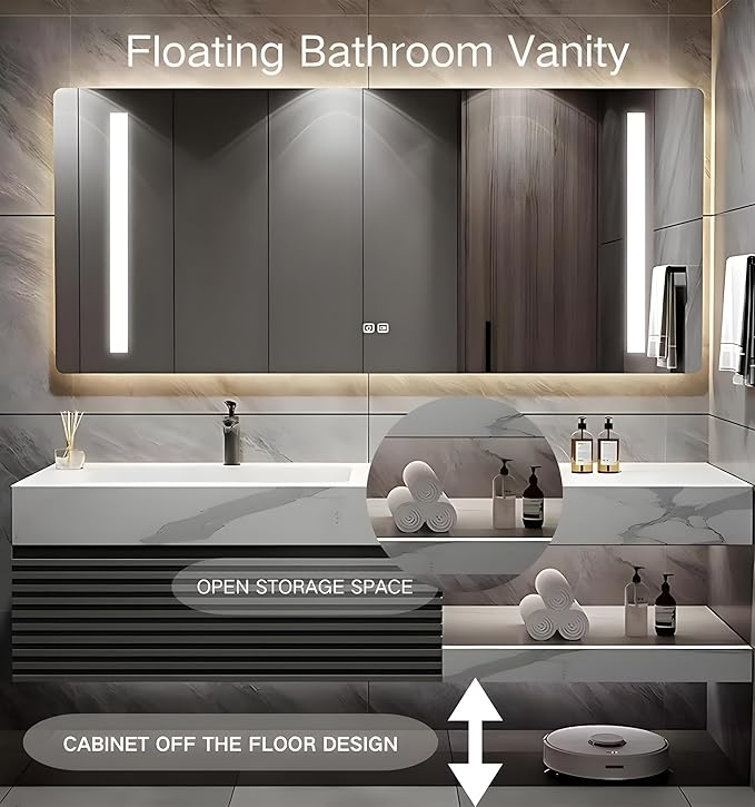 Bathroom Vanity 64 inch, Single Sink Floating Vanity Set Includes Anti-Fog LED Mirror Cabinet, Slate Countertop and Wall-Mount Sink Cabinet, Modern Bathroom Vanities(Greyish Black)