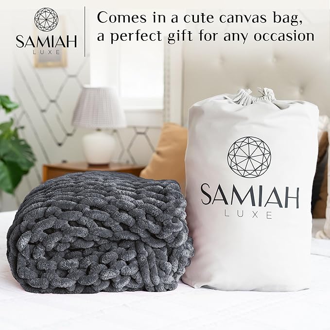 SAMIAH LUXE Chunky Knit Blanket Throw 50x70, Grey Chenille Chunky Knit Throw Blanket for Living Room Decor or Boho Decor, Thick Yarn Knitted Blankets for Couch or Bed, Cable Knitted Crochet Blankets