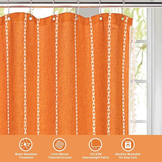 MitoVilla Boho Extra Long Shower Curtain 72 x 96, Orange Modern Farmhouse 96 inch XL Polyester Linen Texture Tassel Fabric Shower Curtain Set with Hooks for Cottagecore Country Bathroom Decor,Orange