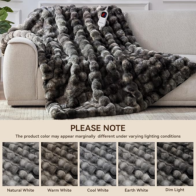 Heated Blanket Throw with 1/2/4/6/8 Hours Auto-Off 10 Heat Level, 62'' * 84'' Cozy Faux Rabbit Fur Bubble Electric Blanket with Overheat Protection(Tie-Dye Dark Grey)