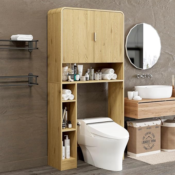 Over The Toilet Storage Cabinet, Farmhouse Bathroom Organizers and Storage with Fluted Doors & 8 Storage Compartments,Home Space-Saving Toilet Rack, for Bathroom, Restroom and Laundry