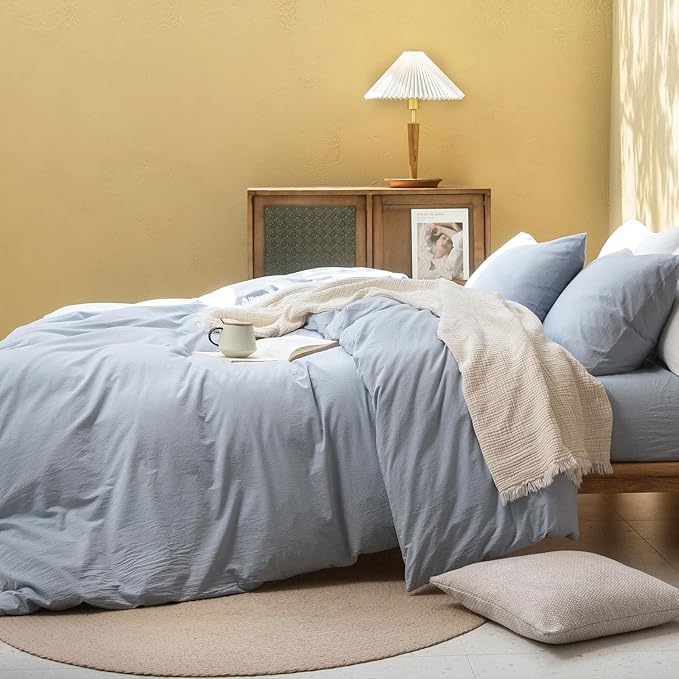 FOSSA Duvet Cover Set 100% Washed Cotton Linen Feel Super Soft Breathable Cozy 3 Pieces Bedding Sets Solid Cornflower Blue Super Queen