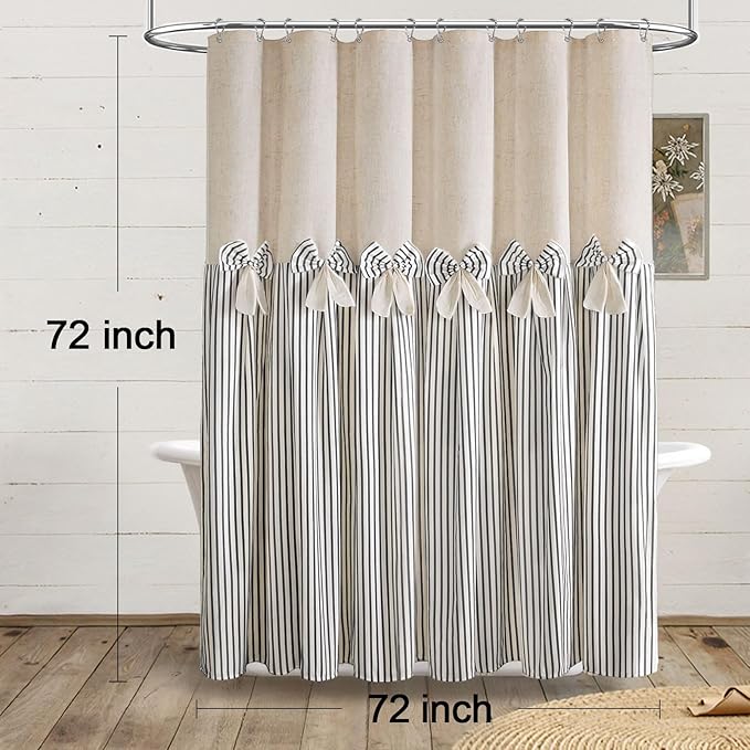 Farmhouse Shower Curtain Linen Bow Woven Fabric Country Rustic Western, Pleated Black Stripe 72" W x 72" L
