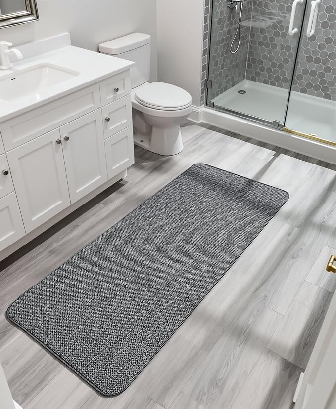Bath Mat,Ultra Thin Bathroom Runner Rugs,Large Bath Mats for Bathroom,Quick Dry,Non-Slip,Machine Washable,Low Pile,Bath Rug,Shower Outside,Sink,Home Decor Accessories.Dark Grey,1'5"x4'11"(17x59inch)