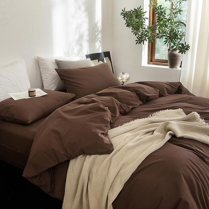 FOSSA Duvet Cover Set 100% Washed Cotton Linen Feel Super Soft Breathable Cozy 3 Pieces Bedding Sets Solid Cocoa Brown Super King