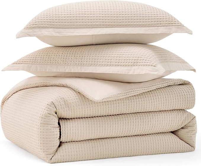 Bedsure Cotton Duvet Cover King - 100% Cotton Waffle Weave Beige Duvet Cover King Size, GentleSoft™ and Breathable Bedding Set for All Season, 3 Pieces, 104"x90"