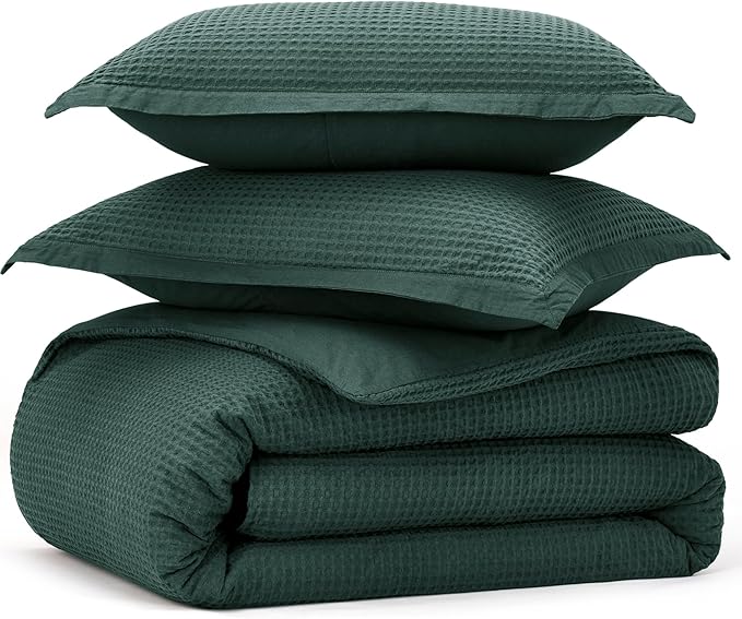 Bedsure Cotton Duvet Cover Queen - 100% Cotton Waffle Weave Forest Green Duvet Cover Queen Size, GentleSoft™ and Breathable Bedding Set for All Season, 3 Pieces, 90"x90"