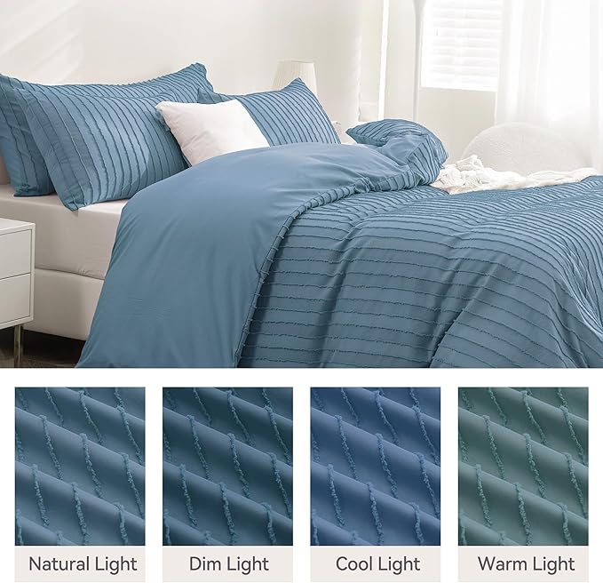 JELLYMONI Duvet Cover Queen Size Blue - 3PCS Boho Striped Duvet Cover Set Polyester Tufted Bohemian Textured Comforter Cover with Corner Ties & Zipper Closure