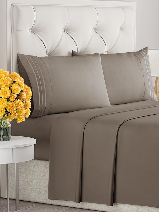 Cal King Size 4 Piece Sheet Set - Extra Soft, Breathable & Cooling - Hotel Luxury Durable Bed Sheets for Women & Men - Deep Pockets, Easy-Fit & Wrinkle-Free - Dark Taupe Oeko-Tex