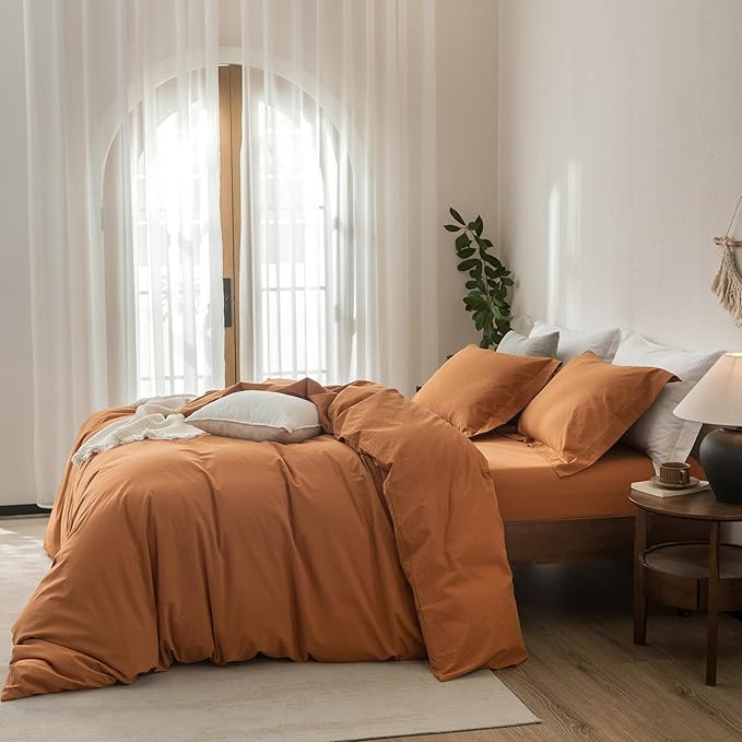 Linen Feel Duvet Cover Queen Size 90inch x 90inch,100% Washed Cotton Duvet Cover with Zipper Closure and 2 Pillowcases, Color of Burnt Orange
