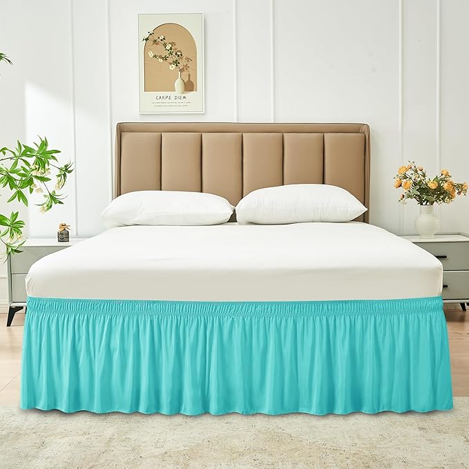 Biscaynebay Wrap Around Bed Skirts for Full & Full XL Beds with Short Drop of 12", Aqua Adjustable Elastic Dust Ruffles Easy Fit Wrinkle Resistant Silky Luxurious Fabric Machine Washable