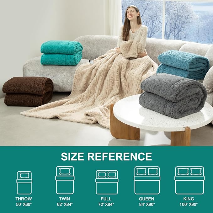 Queen Size Electric Blanket Single Control - 84"X90" Soft Double Sided Sherpa Heated Blanket with 6 Heating Levels & 10 hrs Timer Settings, Washable & ETL Certified for Bed, Green