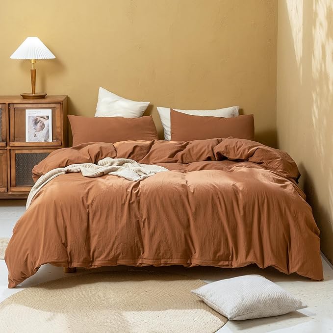 FOSSA Duvet Cover Set 100% Washed Cotton Linen Feel Super Soft Breathable Cozy Simple Style 3 Pieces Bedding Sets Solid Dark Orange Twin/Twin XL
