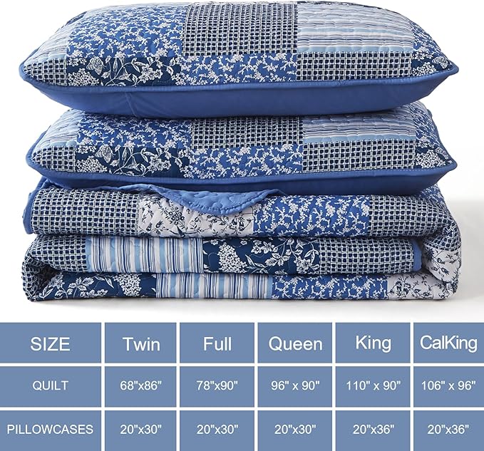 Mybedsoul Blue Quilt Set California King, 3 Pieces Plaid Floral Bedspread Set Patchwork Reversible Bedding Set Microfiber Lightweight Bedspread Coverlet Set for All Season 112"x96"