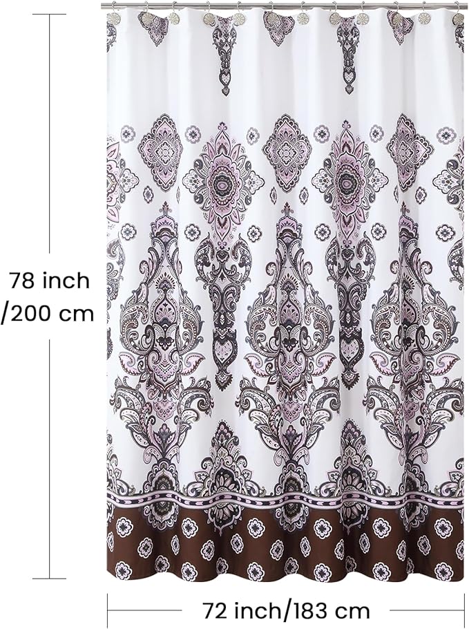 Long Shower Curtain, Luxury White Bath Curtain with Baroque Brown & Pink Paisley Medallion Print, Waterproof Plush Polyester Fabric, 72" W x 78" H
