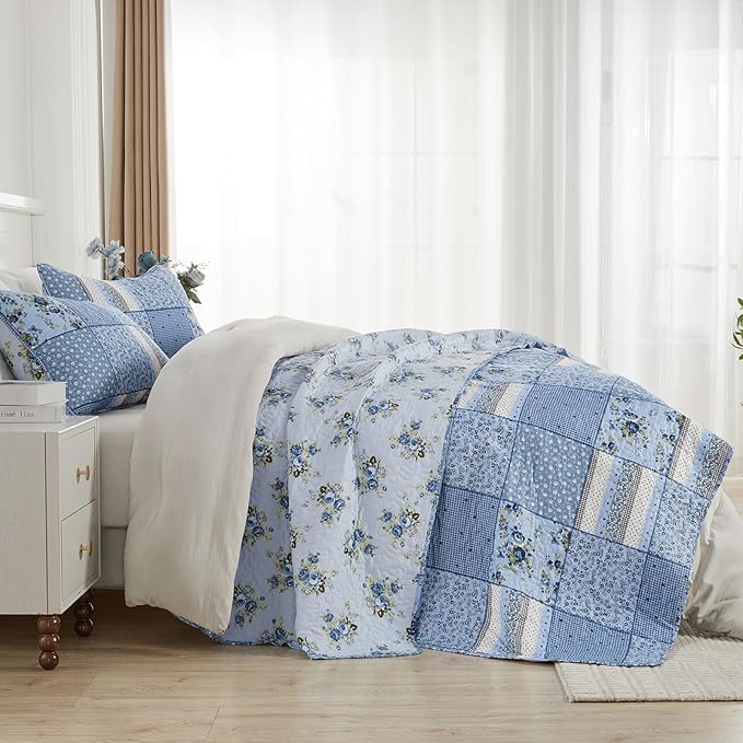 ENJOHOS 128x120 California King Quilt Sets Oversized, 3 Pcs Blue Plaid Floral Cal King Bedspread Coverlet Set for All Seasons, Patchwork Reversible Bedding Set