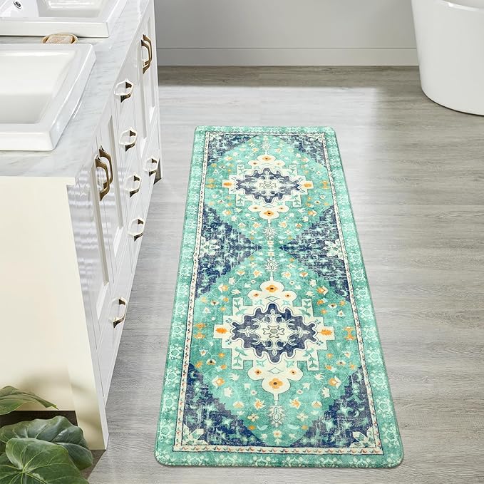 Uphome Boho Vintage Bathroom Runner Rug Green Non-Slip Soft Bedroom Rug Machine Washable Oriental Hallway Rug Traditional Tribal Floral Floor Mats for Kitchen Kids Room Entryway, 24x59 inch