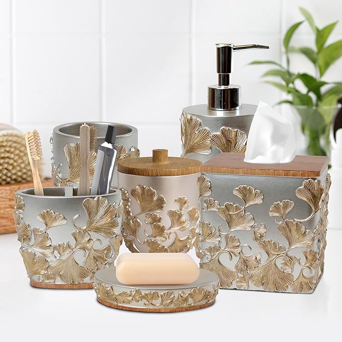 Decozen Bathroom Accessories Set 6Pcs – Soap Dispenser, Toothbrush Holder, Tumbler, Soap Dish & Cotton Swab Jar – Modern Bathroom Decor, Bath Set for Christmas Decor, Valencia