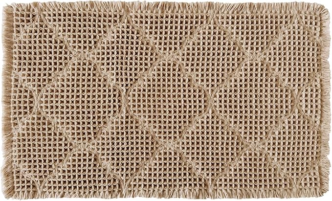 ZALL Tan Waffle Bath Mat,Super Absorbent Non Slip Bathroom Rug,Brown 18x30inch, Geometric Diamond Machine Washable Ultra Soft Floor Mats