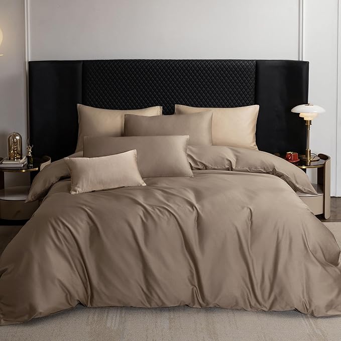 MooMee Duvet Cover Set 100% Extra Long Staple Cotton 600 Thread Count Silky Sateen Smooth Luxury Soft Breathable Durable Hotel Quality Bedding, 3 Pieces (Mocha Brown,California King 104"x98")