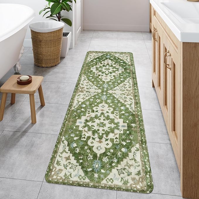 Uphome Vintage Bathroom Runner Rug Sage Green Boho Non-Slip Kitchen Runner Oriental Soft Machine Washable Hallway Rug Tribal Floral Aesthetic Shower Mat for Bedroom Entryway Kids Room, 24x71 inch