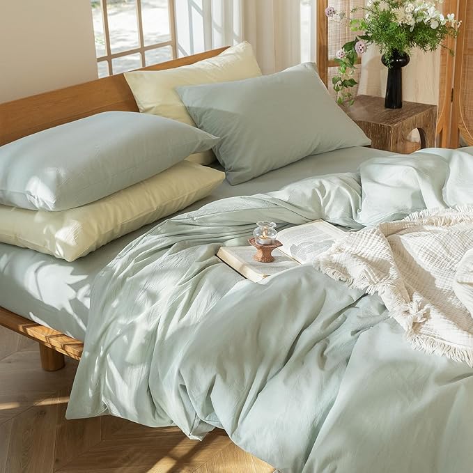 MooMee Bedding Duvet Cover Set 100% Washed Cotton Linen Like Textured Breathable Durable Soft Comfy (Heathered Sage Green, Queen 90"x90")