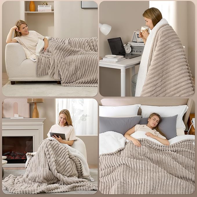 Hansleep Heated Blanket Electric Blanket Full Size, Heating Blanket with 9 Heating Levels and 10-Hour Timer Auto Shut Off, Washable Soft Warm Winter Blanket, 72 x 84 Inches, Linen