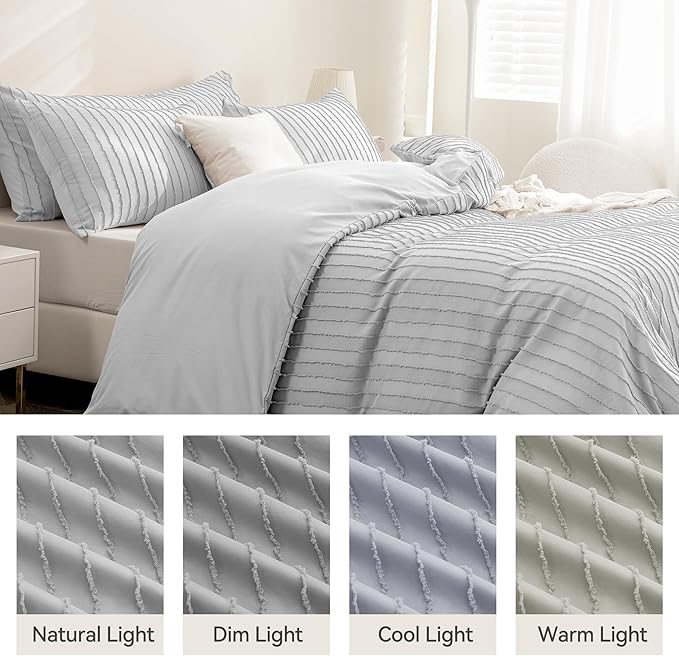 JELLYMONI Duvet Cover Full Size Light Grey - 3PCS Boho Striped Duvet Cover Set Polyester Tufted Bohemian Textured Comforter Cover 80×90in with Corner Ties & Zipper and 2 Pillowcases