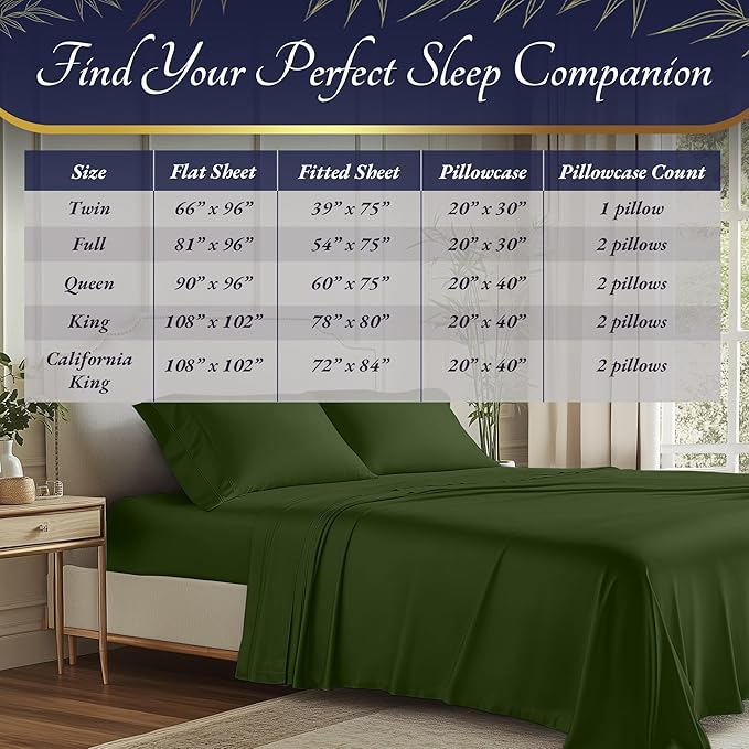 DECOLURE 100% Viscose Derived from Bamboo Sheets Twin Size 3pcs - Ultra Soft & Luxuriously Cooling, 17" Deep Pocket, Double Stitching, Perfect for Hot Sleepers - Twin Bed Sheets (Olive)