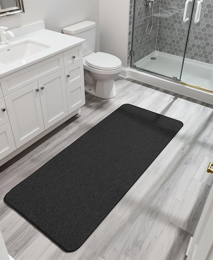Bath Mat,Ultra Thin Bathroom Runner Rugs,Large Bath Mats for Bathroom,Quick Dry,Non-Slip,Machine Washable,Low Pile,Bath Rug,Shower Outside,Sink,Home Decor Accessories.Black,2'x5'(24x60inch)