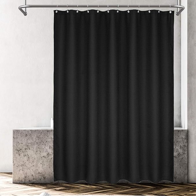 Barossa Design Extra-Long Waffle Weave Shower Curtain 71" W x 96" H - Hotel Luxury Spa, 230 GSM Heavy Weighted Fabric, Water Repellent, Black, 71x96