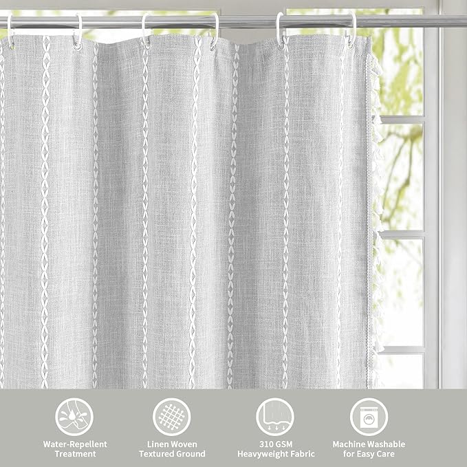 MitoVilla Modern Farmhouse Shower Curtain Set 72 x 78, Boho 78 inch Long Polyester Linen Tassel Fabric Shower Curtain Set for Chic Cottagecore French Rustic Bathroom Decor, Light Grey