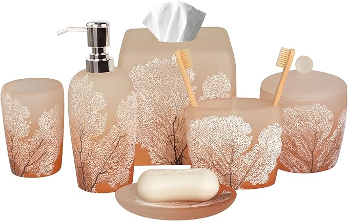 Decozen Bathroom Accessories Set 6Pcs – Soap Dispenser, Toothbrush Holder, Tumbler, Soap Dish & Cotton Swab Jar – Modern Bathroom Decor, Bath Set for Christmas Decor, Carruthers