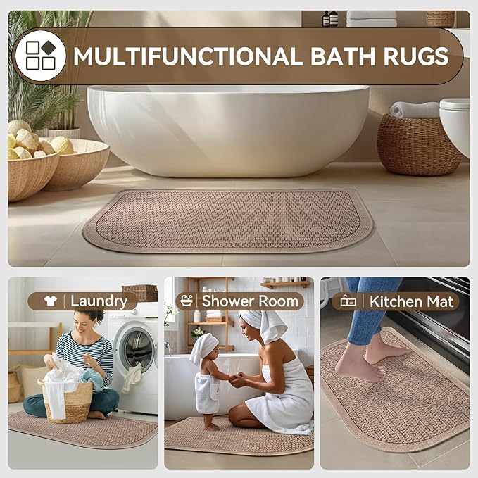 Bathroom Rugs Mat 16x24, Ultra Thin Quick Dry Absorbent Non Slip Bath Mat, Bath Mats for Bathroom Mat Carpet Fit Under Door, Woven Washable Floor Rubber Half Round Bath Rugs, Brown