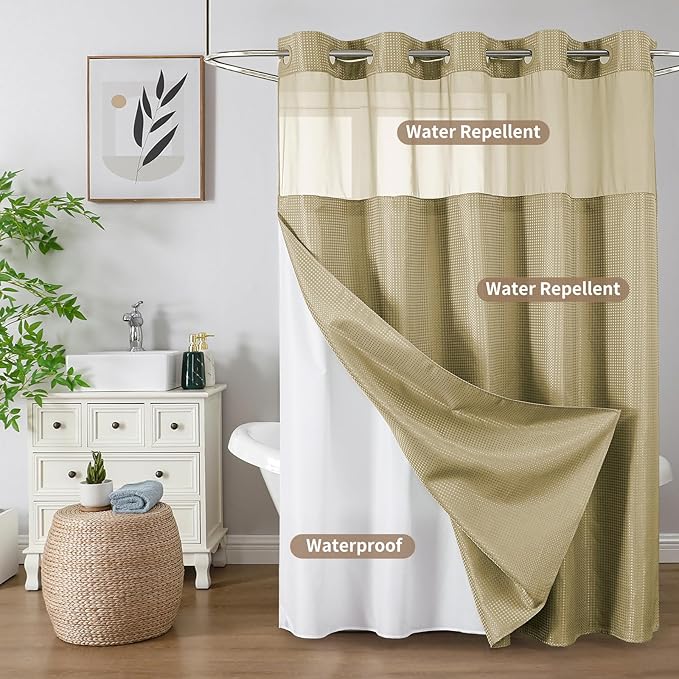 Colorful Star No Hook Shower Curtain with Snap in Fabric Liner, Waffle Weave Heavy Duty Thick Shower Curtains with Mesh Top Window, Hotel Style Waterproof Bathroom Curtain Set, 72 x 81 Inch, Beige