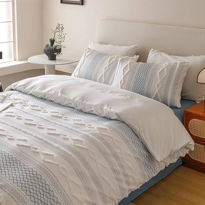 KAREVER Ivory Blue Boho Comforter Set Full Mixed Textures Jacquard Bedding Set Durable Chic and Stylish Bedroom Set